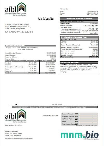 Bangladesz Bank Al-Arafah Islami wyciąg z kredytu hipotecznego szablon Word i PDF